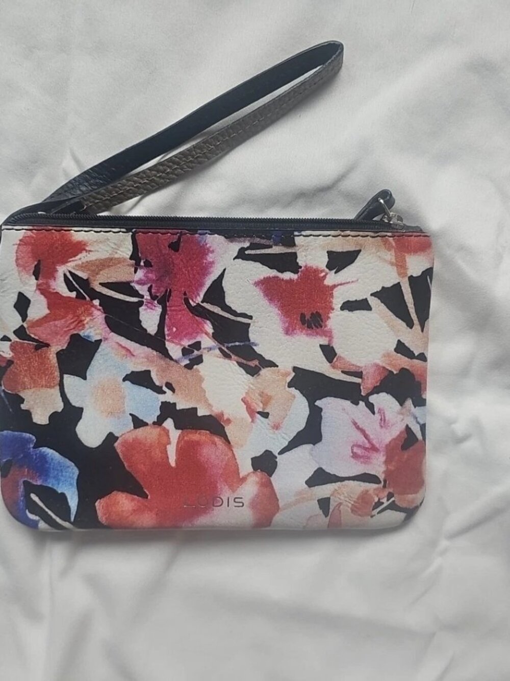 LODIS Watercolor Floral Top Zip Closure Leather Wristlet W/ Attached Strap